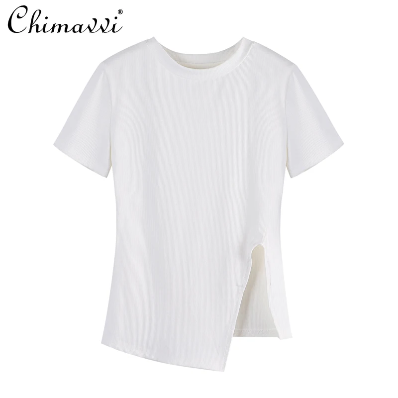 

Irregular Slimming Solid Color Short Sleeved T Shirt for Women 2021 Summer Casual Oversized Top Female Round Neck Loose T Shirt