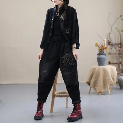 

loose jacket vintage denim lapel single-row button short style long-sleeved blouse