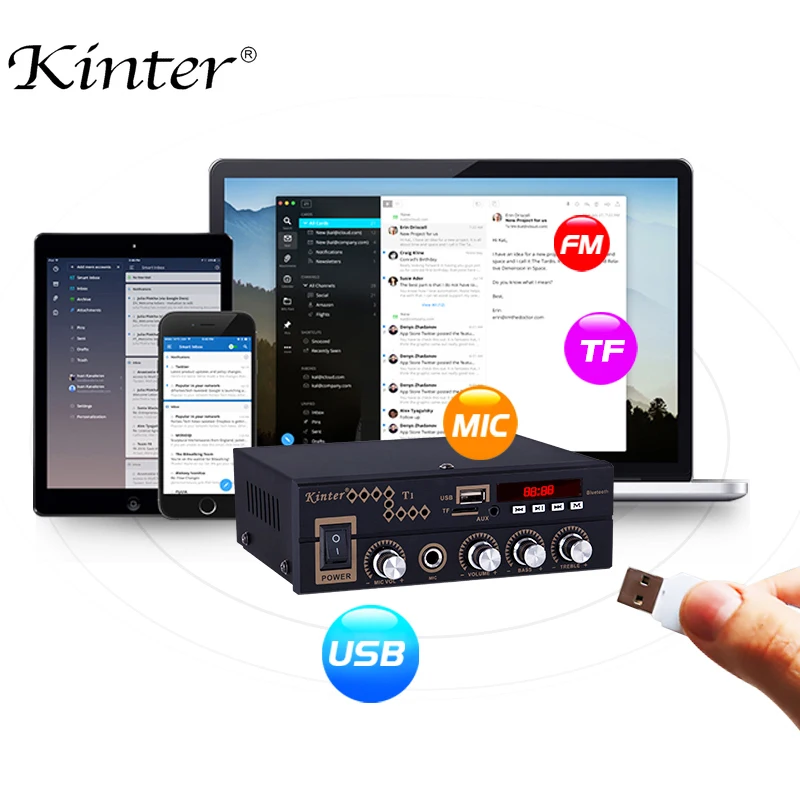Kinter T1 для bluetooth 2.0CH домашний усилитель аудио с микрофоном/USB/TF/FM/AUX воспроизведение стерео звук управление громкостью низких частот