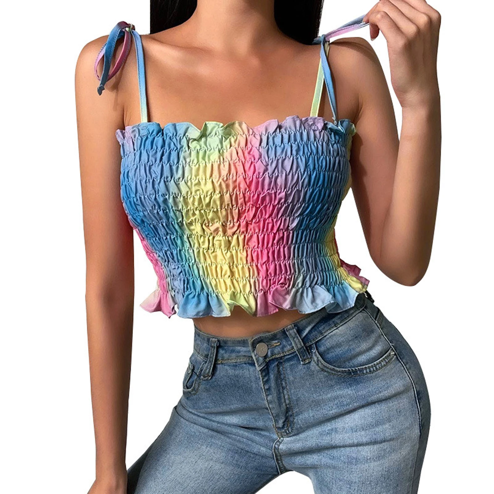 

Women Casual Close-fitting Suspender Tops, Multicolor Tie-dyed Printed Pattern Boat Neck Crop Tops