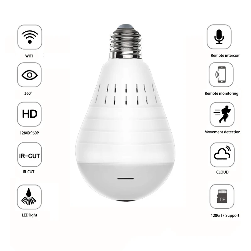 

360 Degree LED Light IP Camera 960P Wireless Panoramic Home Security Security WiFi CCTV Fisheye Bulb Lamp Two Ways Audio