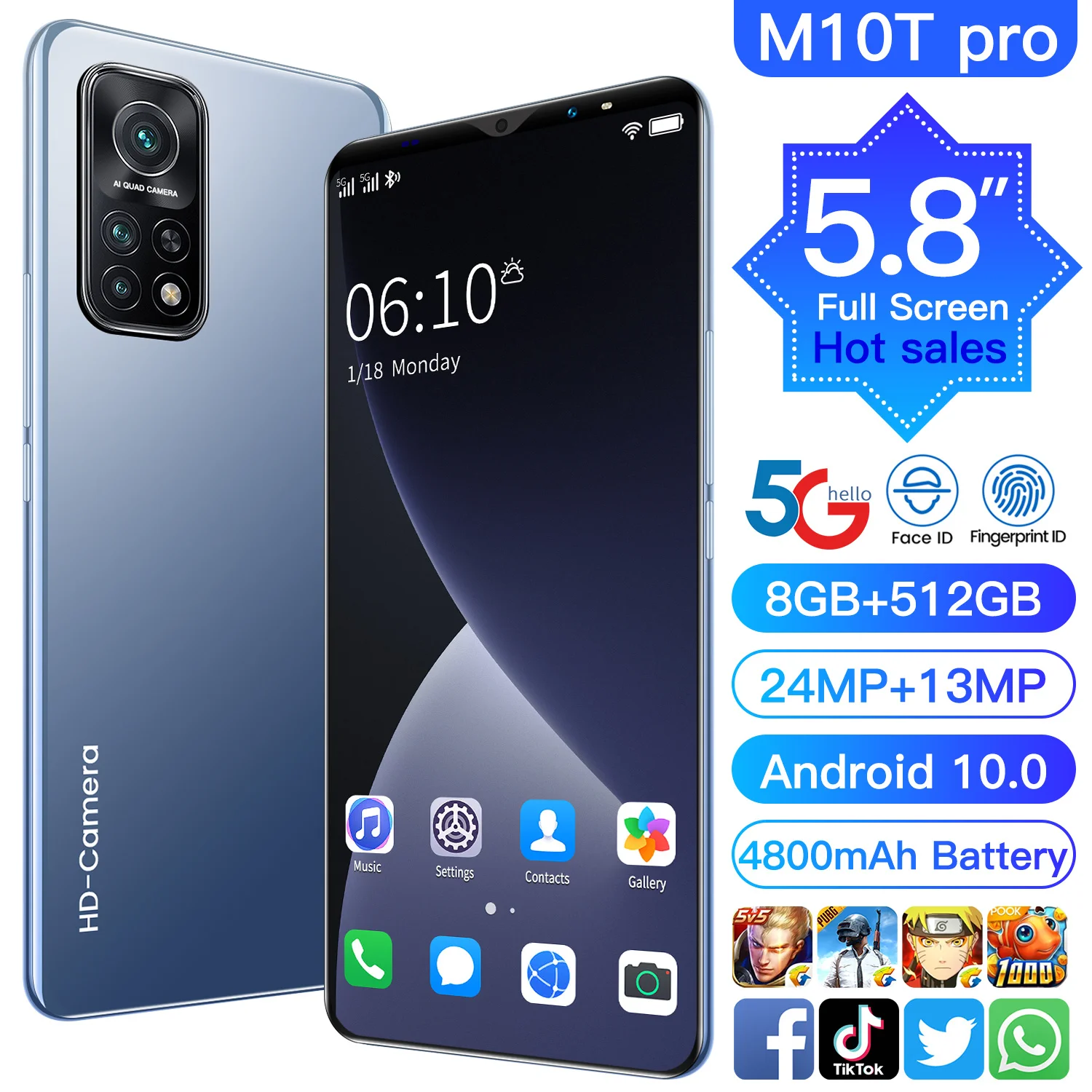 

M10T Pro 5.8 Inch 8 Core 6+128GB 13+24MP 4800mAh Andriod 10.0 Smart Phone Dual SIM Face ID Mobile Cell Phone MTK6763 Celular