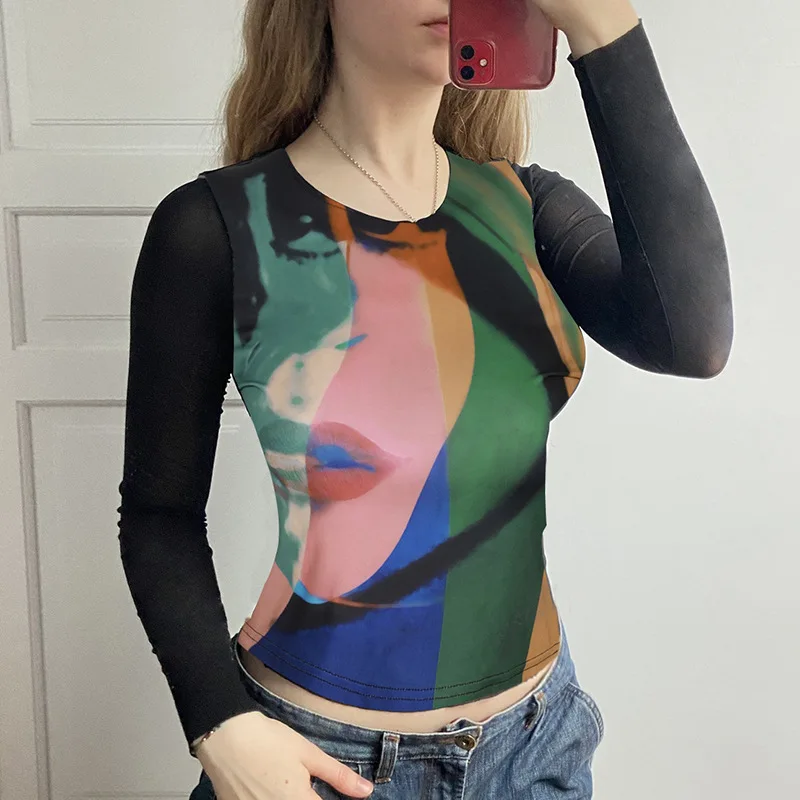 

ZOTTSOZ Vintage Painting Print Mesh Sexy Long Sleeve Crop T-Shirts Y2K Women Streetwear Gothic Tees Shirts Basic Short Tees Tops