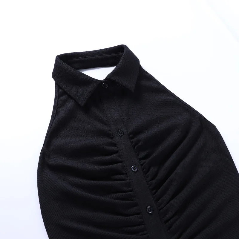 

Spring New Sexy Halter Dress Women 2021 Solid Color Slim Button Hip Bodycon Dress For Woman Sleeveless Backless Mini Dress