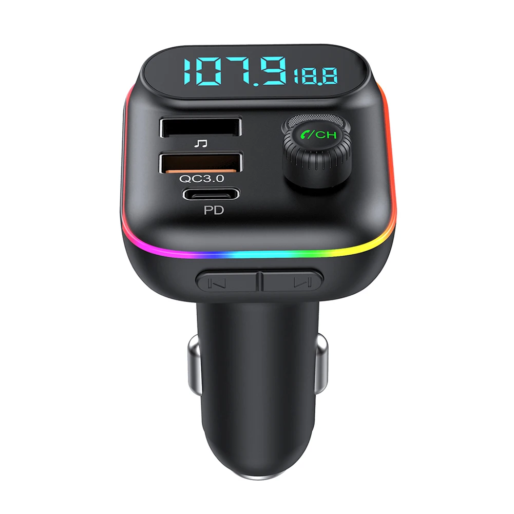 

Зарядное устройство QC 3,0 с двумя USB-портами, Bluetooth 5,0, FM-передатчик, mp3-плеер, автомобильный комплект, атмосферный свет, автомобильный адаптер б...