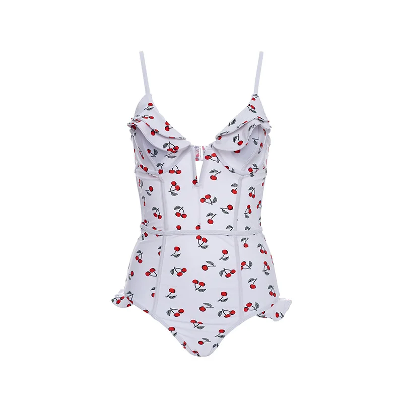 

Korean Swimsuit 1 Piece Women 2021 Beachwear Bikini Push Up One New Summer Vetamee Bottom Cherry Design Pure Back Cartoon