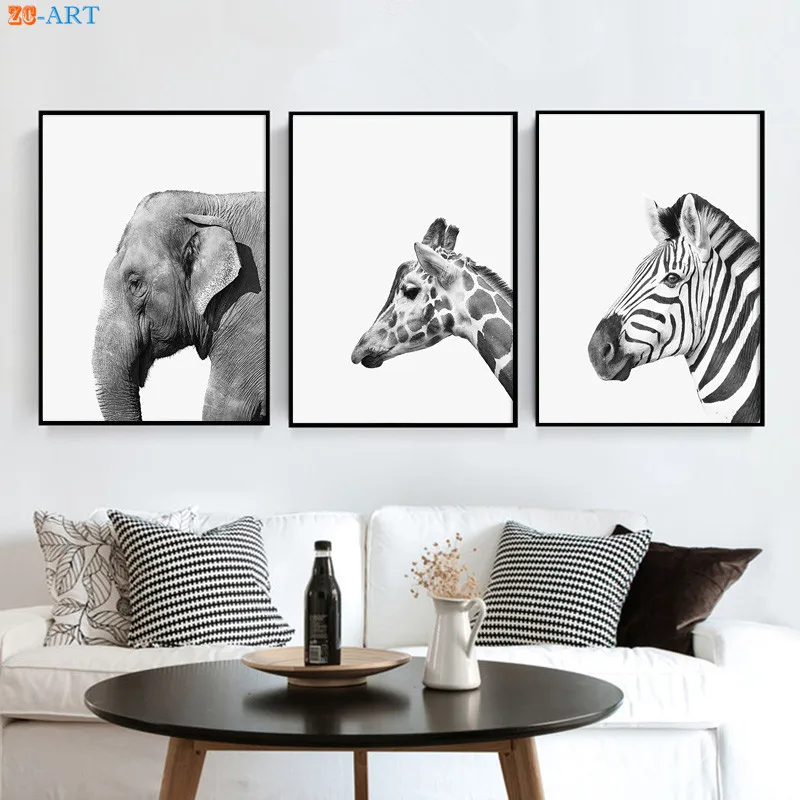 Черно белая Настенная картина детский постер с животными жираф Зебра слон принты