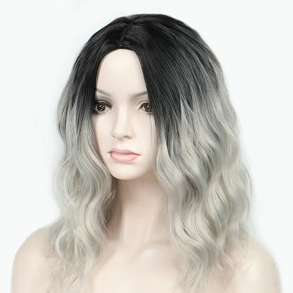 ValenWigs 1" натуральный эффектом деграде(переход от темного к парик коричневый смешанный светлые/Краска для волос, Серебряно-серый средняя часть Волнистые Синтетические волокна парики для Белый Черный Для женщин