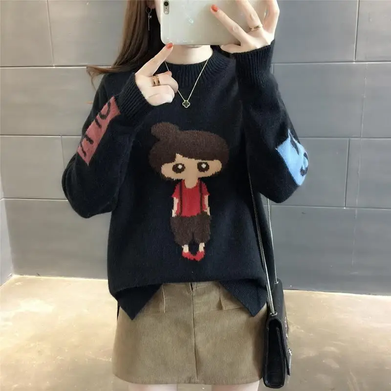 

Loose Half-Collar Sweater Female New Style for Autumn and Winter Korean Version of the Thickened Pullover Knit Low Waist Jersey