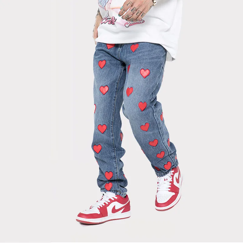 

Men Heart Embroidered Patch Streetwear Hip Hop Loose Casual Straight Denim Pants Wide Leg Jeans Trousers for Man Women
