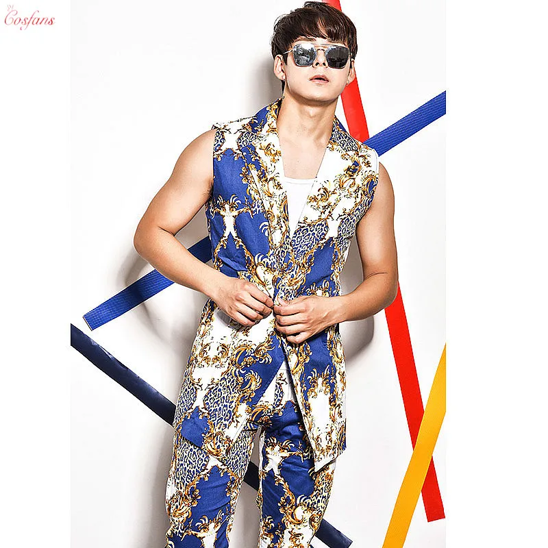 

Модные мужские тонкие костюмы для джазовых танцев, костюм с леопардовым принтом, Мужская сексуальная одежда для сцены, Клубная одежда, жилет + штаны, комплект