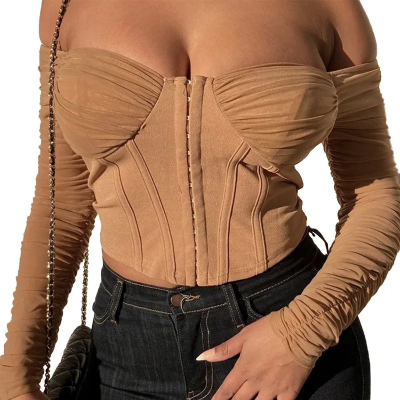 

Sexy Strapless Corset Crop Top Women Long Ruched Sleeve off Shoulder Top Shirts Nightclub Party Wear Streetwear Y2k Clothes 2021