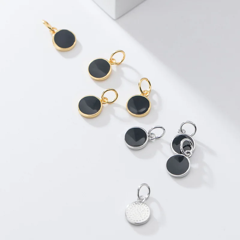 

TrustDavis Real 925 Sterling Silver Personality Fashion Black Glaze Round Charm Pendant Handmade DIY Accessories Jewelry HY105