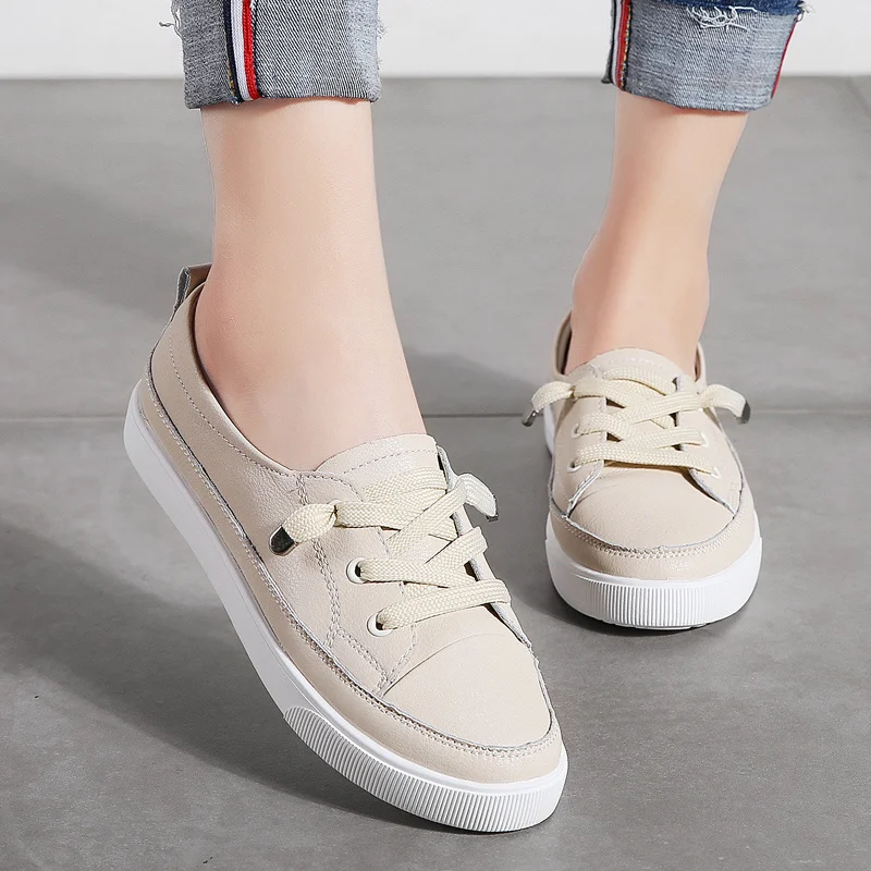 

Low Top Women's Sneakers Lace Up Sport Sneakers Woman Flat Lightweight Running Shoes White Leather Women's Sports Shoes Hot 246G