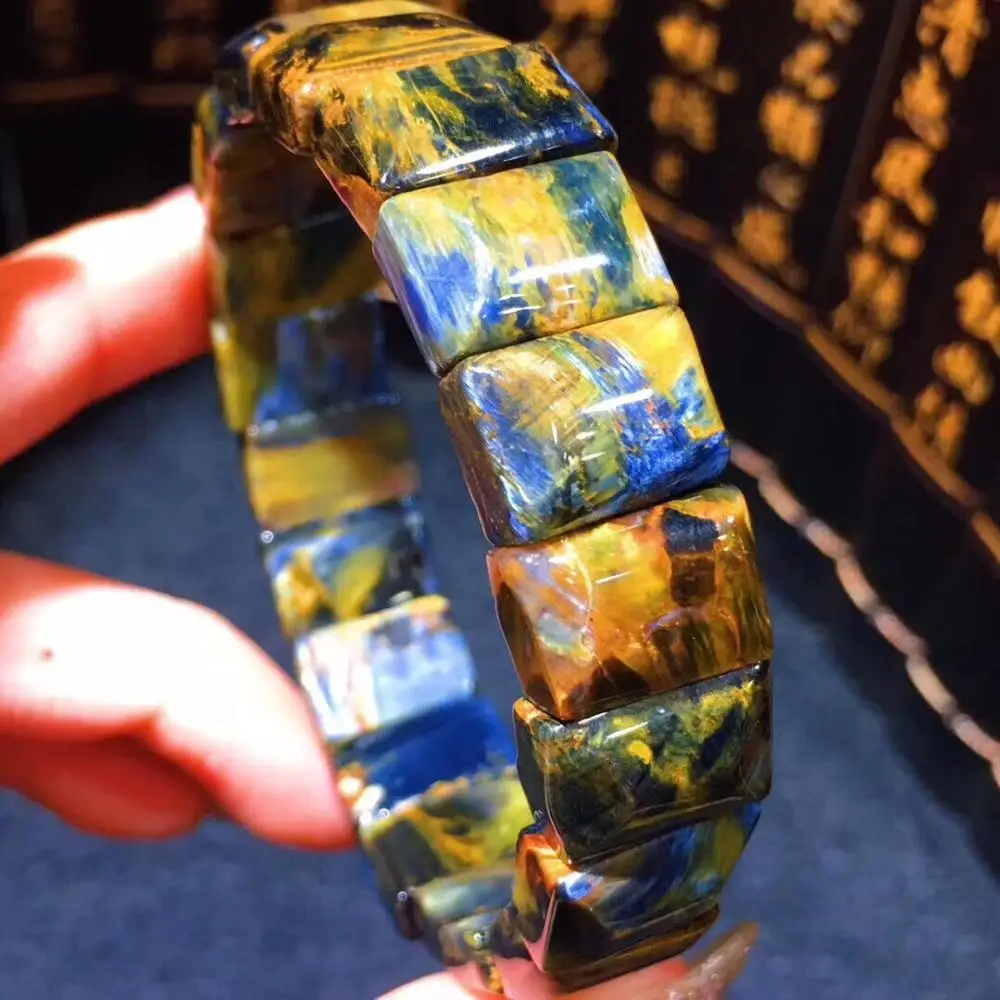 Натуральный Синий желтый браслет Pietersite для женщин и мужчин камень фейерверка 14