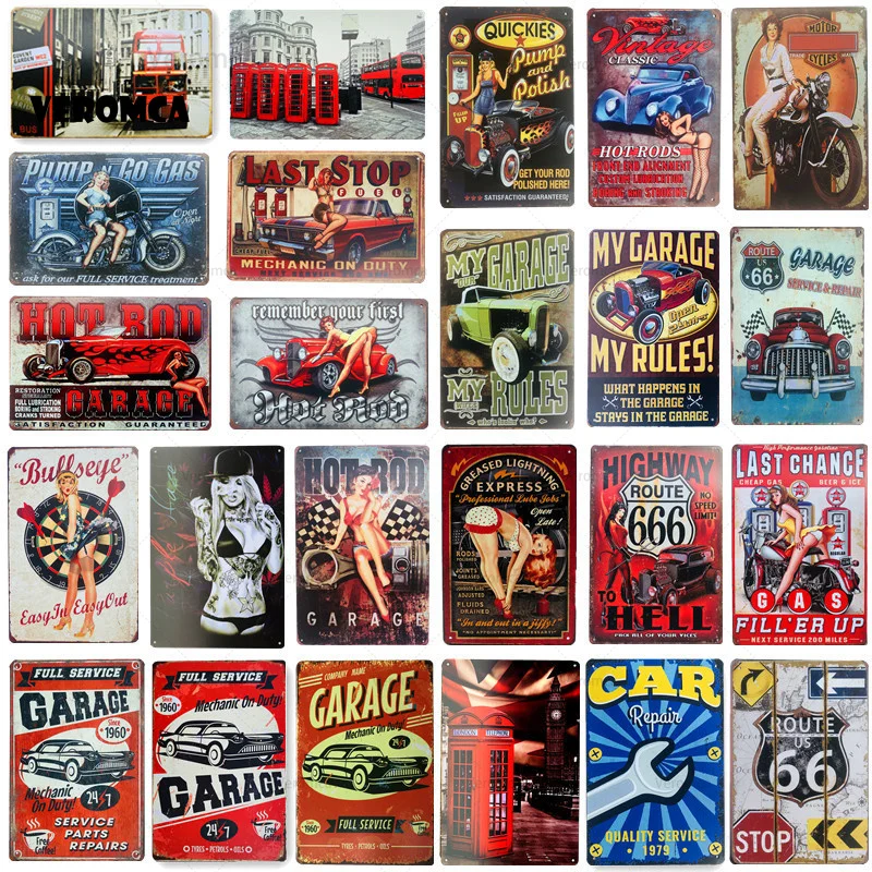 

Garage Pin Up Lady Route 66 Vintage Tin Signs Art Wall Stickers Decoration House Cafe Bar Garage Metal Craft Home Decor Gift
