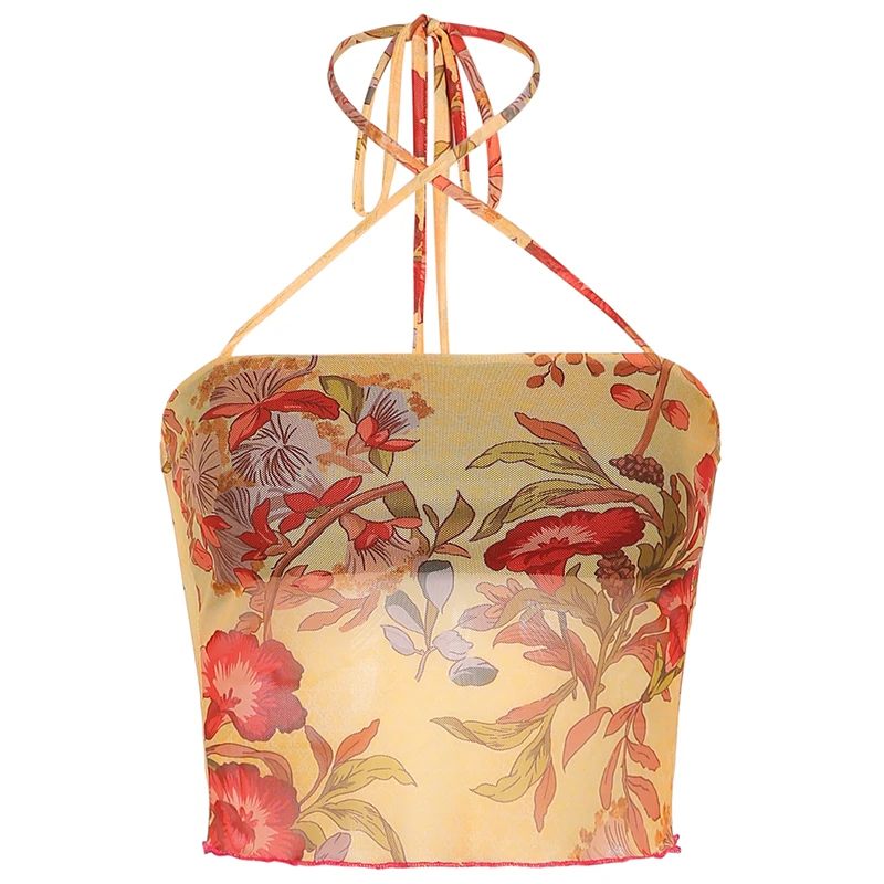 Женский укороченный топ с цветочным рисунком Y2k сетчатый прозрачный сексуальный