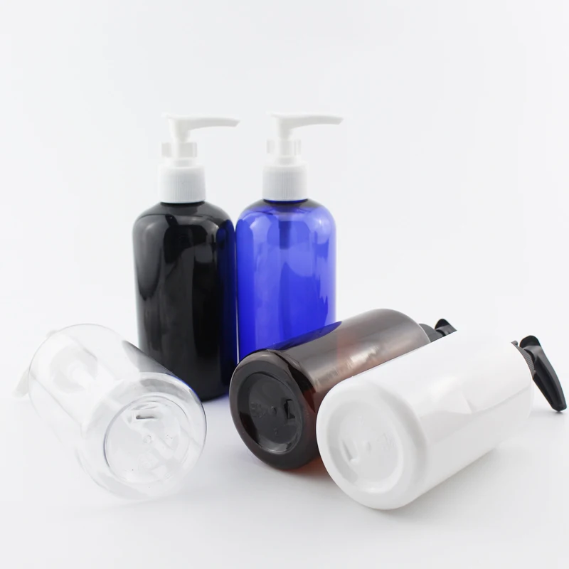 

250ml X 12 Empty Round Plastic Cosmetic Bottles With Black White Bayonet Pump 250cc Lotion Bottle Refillable PET Containers