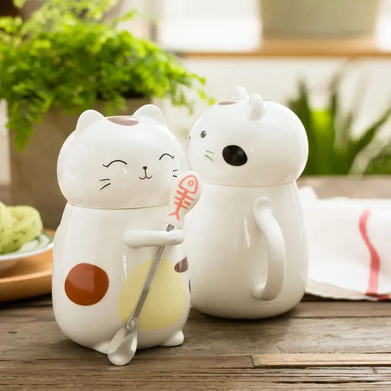 400ML Ceramic Cup Mug with Lid Spoon Coffee Milk Student Cute Stainless Steel The | Дом и сад
