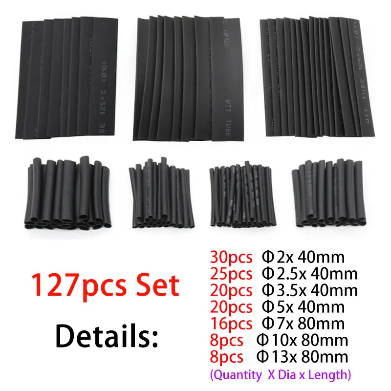 

127pcs Heat Shrink Tube Set Sleeving Assortment Kit Shrinkage 2:1 Electrical Connection Electrical Wire Wrap Cable Waterproof