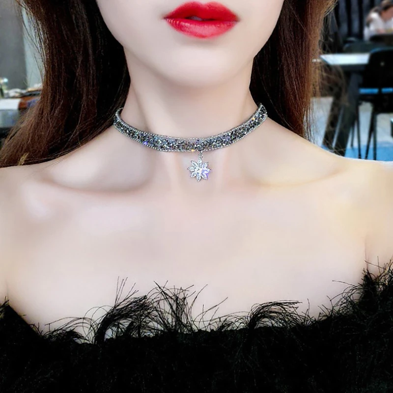 Women Chic Punk Choker Clavicle ChainNeck Jewelry Fashion Crystal Ice Flower Pendant Necklace Glitter Adjustable Metal Chain | Украшения и