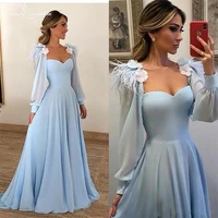 sky blue prom dresses long sleeve 3d flowers feather corset back chiffon formal evening dress party gowns vestido de fiesta