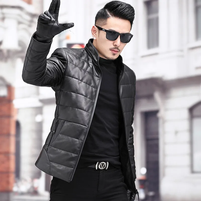 

Thick Winter Men Warm Hoody White Duck Down Jacket Slim Fit Business Man Coat Biker Windbreaker Sheepskin Genuine Leather Jacket