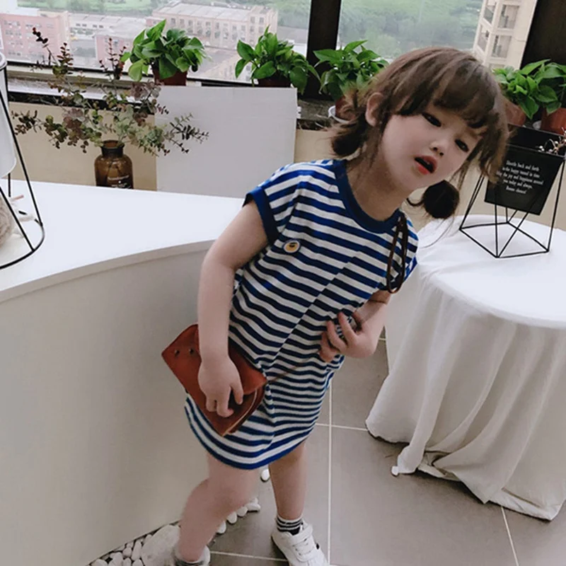 Новые летние платья для девочек повседневное темно-синее платье-футболка в