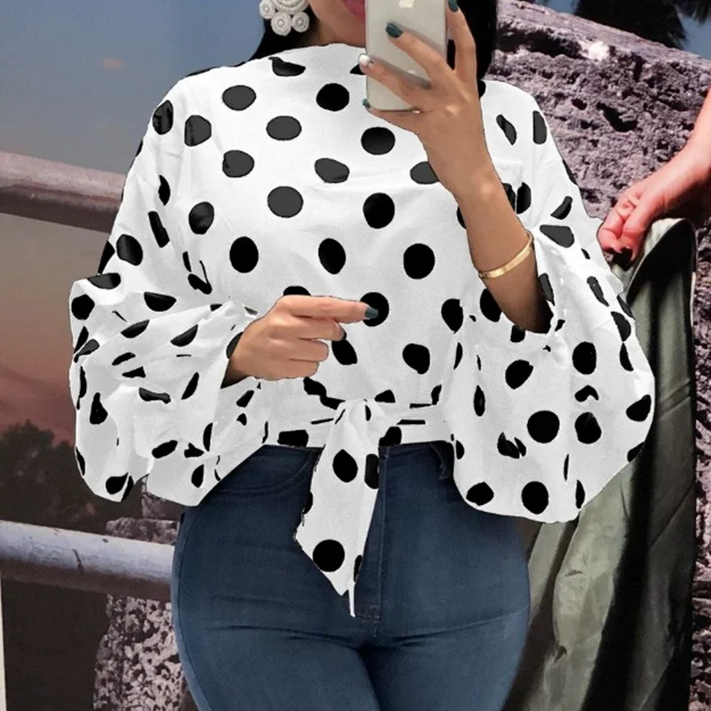 

2021 latest hot-selling polka dot multicolor printed lantern sleeve shirt, ladies pullover bow tie waist top shirts for women