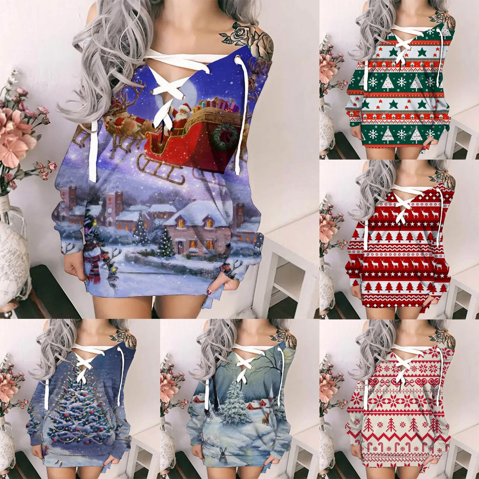

Casual Women's Dress Women's Christmas Printed V Neck Waist Pullover Drawstring Dress Loupas Feminas Vestidos