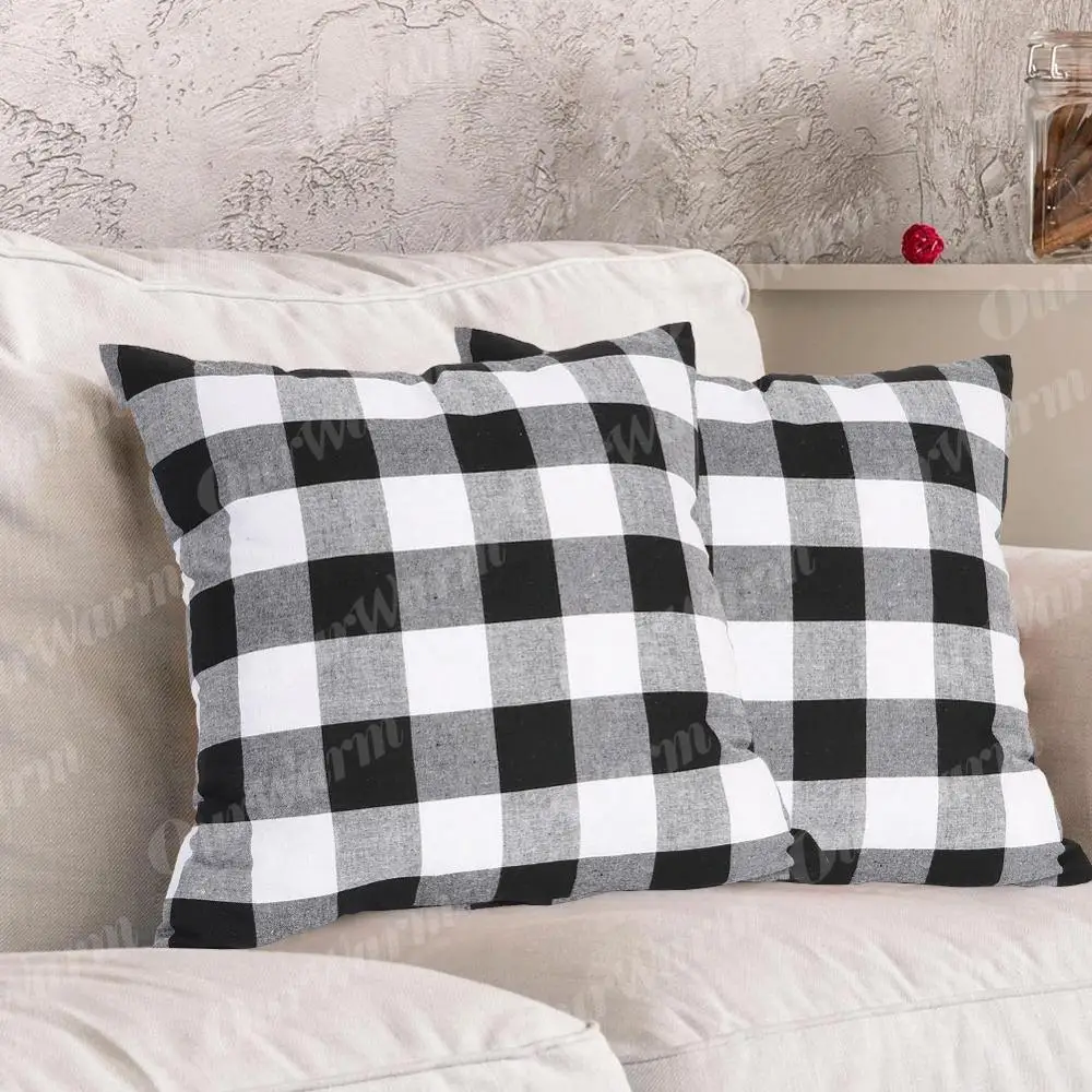 OurWarm 45x45 см хлопковая льняная подушка в клетку для стула белая черная клетчатая