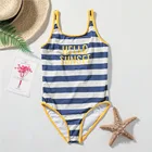 Женские цельные купальники для детей, купальный костюм для подростков с полосками и буквенным принтом, детские купальники, пляжная одежда для девочек