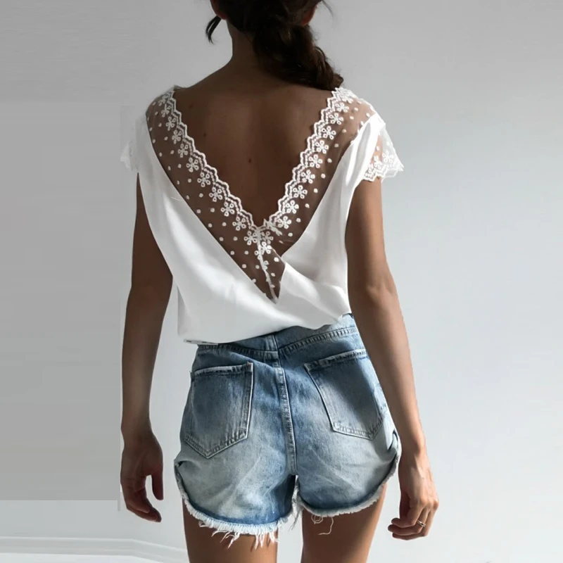 

Women Shirt Sexy Solid Color Hollow Lace Patchwork Deep V-Neck Short Sleeve T-Shirts Clothes 2021 Summer New Womens Casual Tops