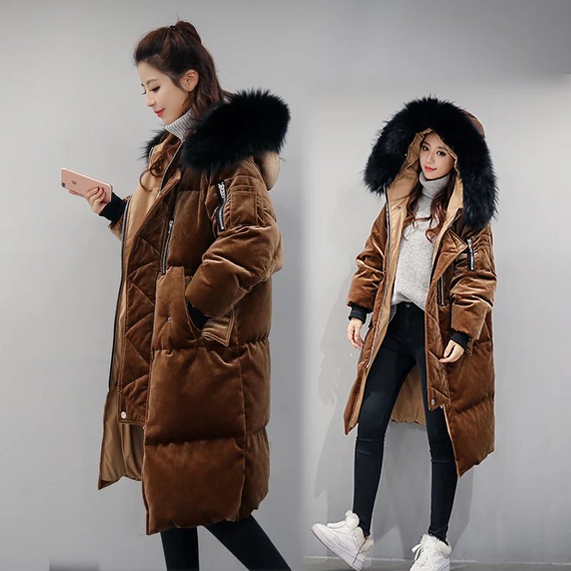 Женский пуховик с капюшоном и меховым воротником повседневный длинный в