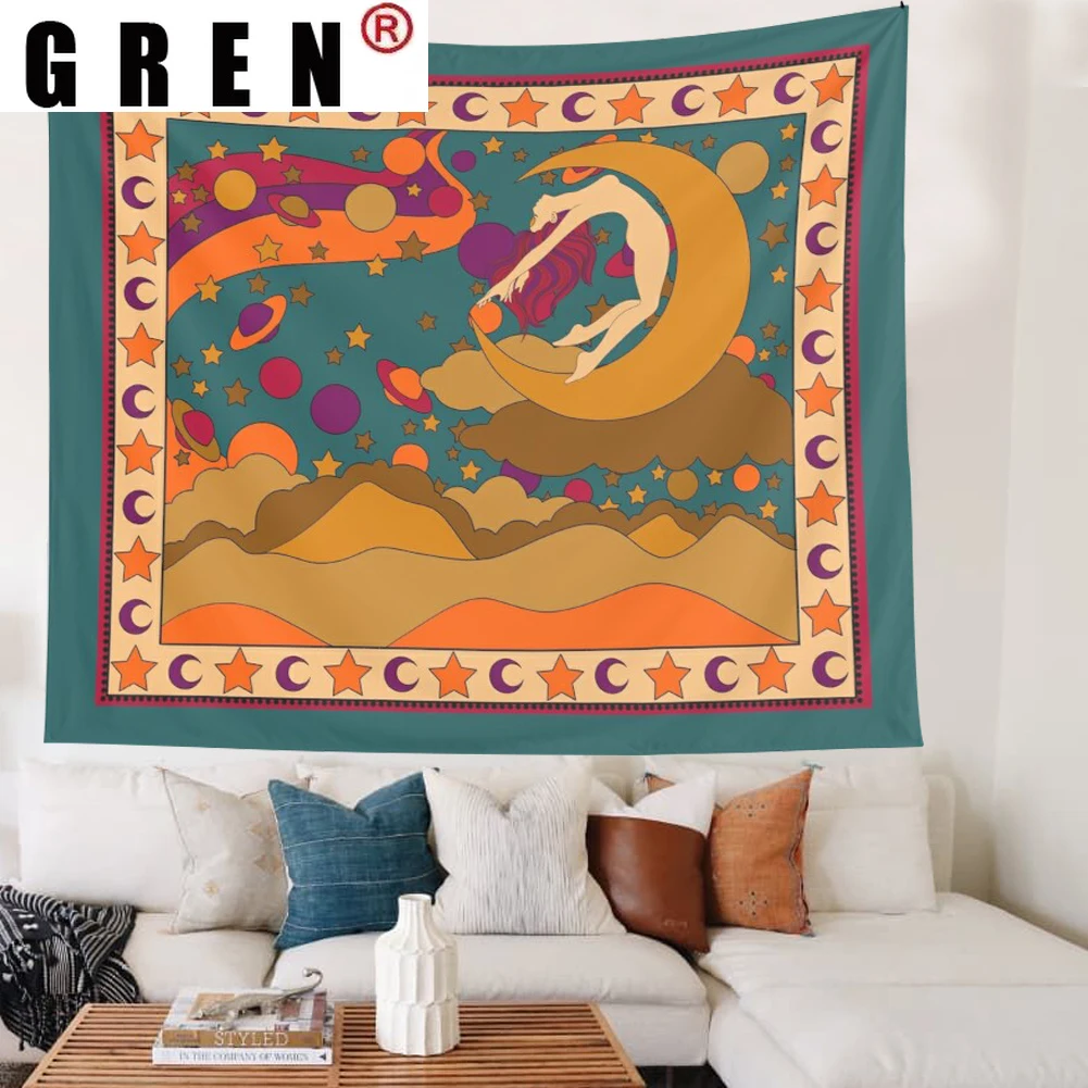 

GREN Moon Hippie Abstract Tapestry Wall Hanging Covering Rugs Background Cloth Beach Mat Blanket Art Bedroom Dorm Home Decor