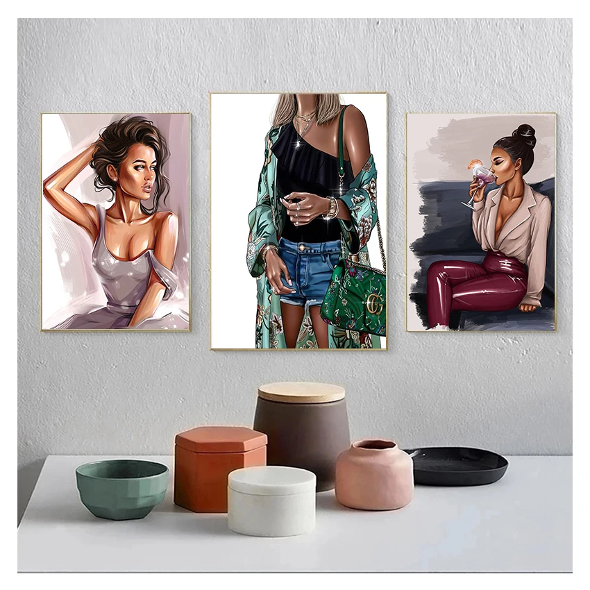 Картина на холсте "Губы, вино и модная девушка с сигаретой" в стиле Nordic для декора гостиной.
