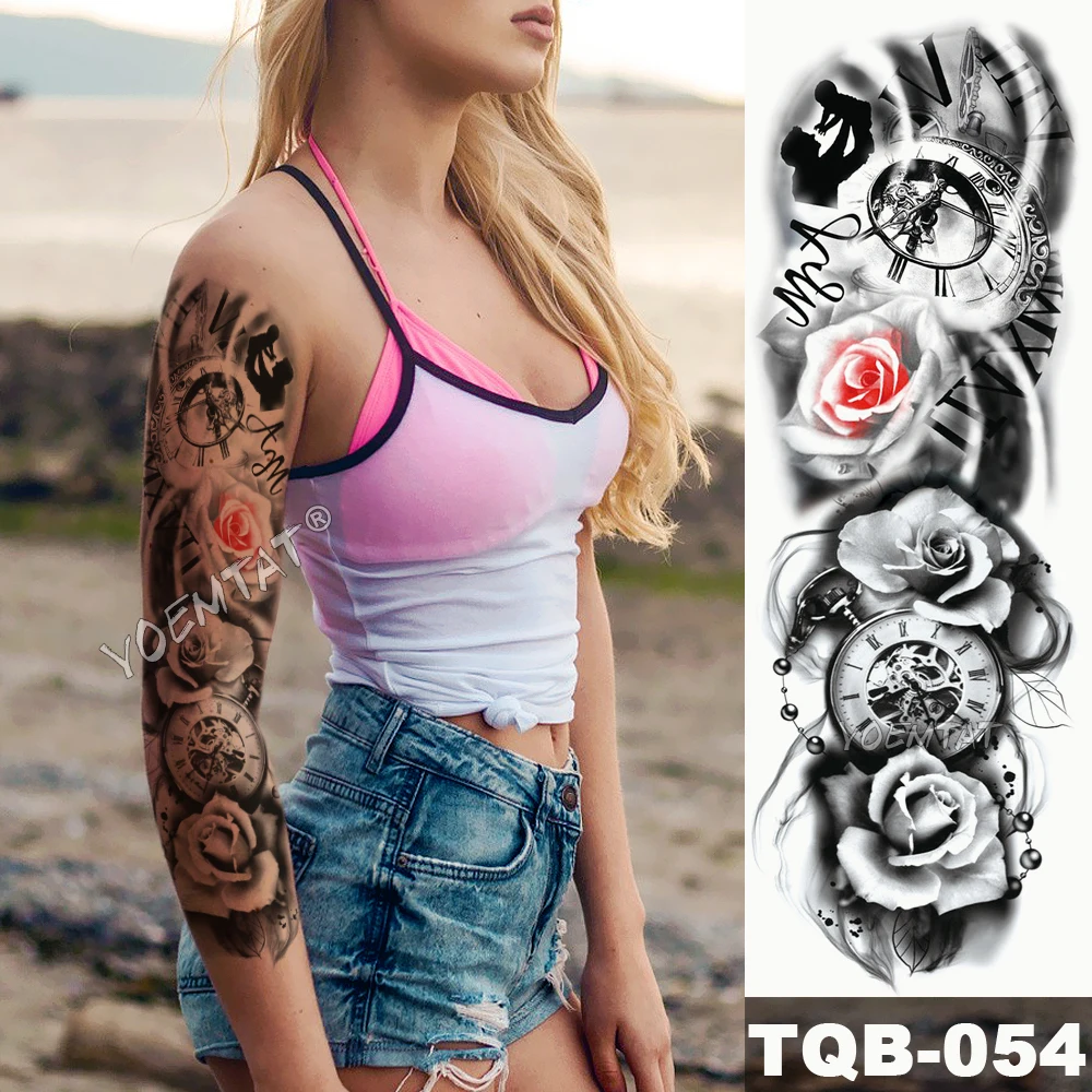 Large Arm Sleeve Tattoo Pink Cyan Eyes Angel Waterproof Temporary Sticker Rose Wings Sun Men Full Skull Tatoo Women | Красота и