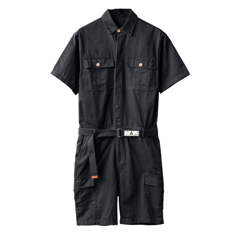 Retro jumpsuit men's tooling casual shorts one-piece black short-sleeved suit