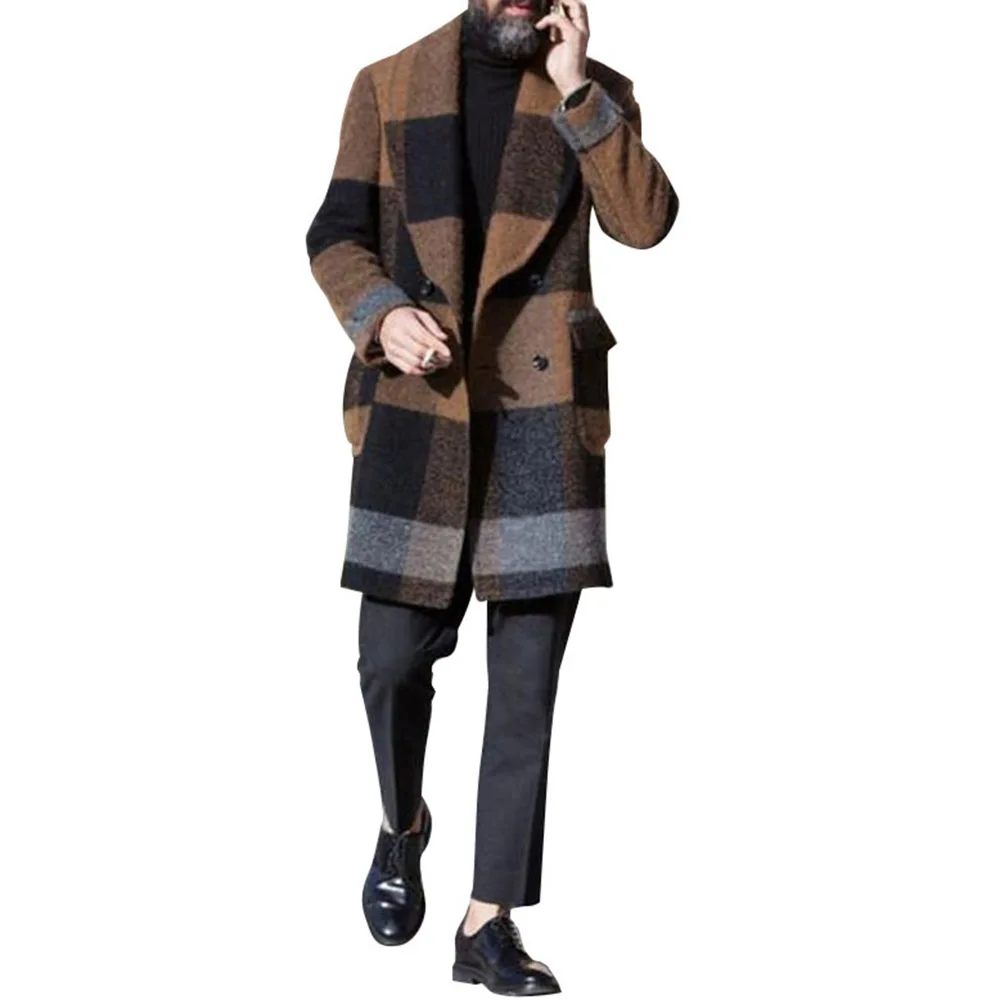 

2021 New Autumn Winter Europe America Woolen Plaid Men's Coat Fashion Long Sleeve Lapel Business Temperament Casual