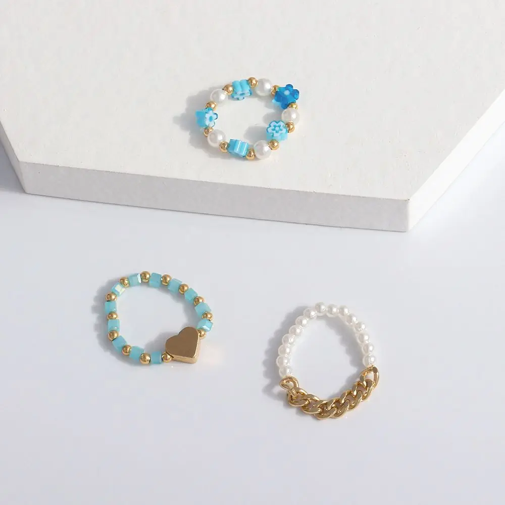 

3 Pcs Fashion New Style Bohemian Fashion Beaded Ring Ring Girl Ring Set Jewelry Gift Love Sweet Handmade Bead Combination