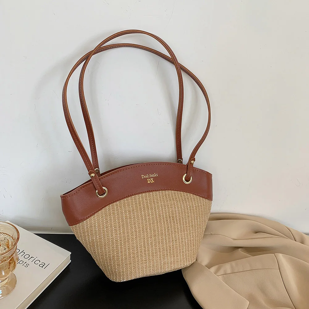

Fashion Woven Patchwork Contrast Color Women Summer Underarm Shoulder Bag Retro PU Ladies Casual Large Capacity Shopping Handbag