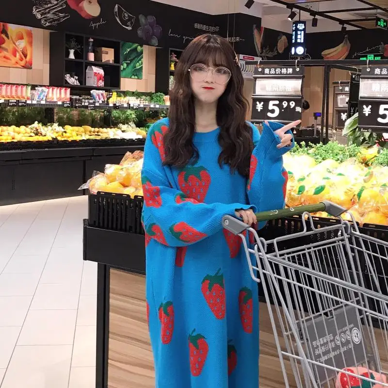 Kawaii розовый свитер длинный участок большого размера клубничный пуловер свитер зима женская корейская версия трикотажа осень теплая новая одежда
