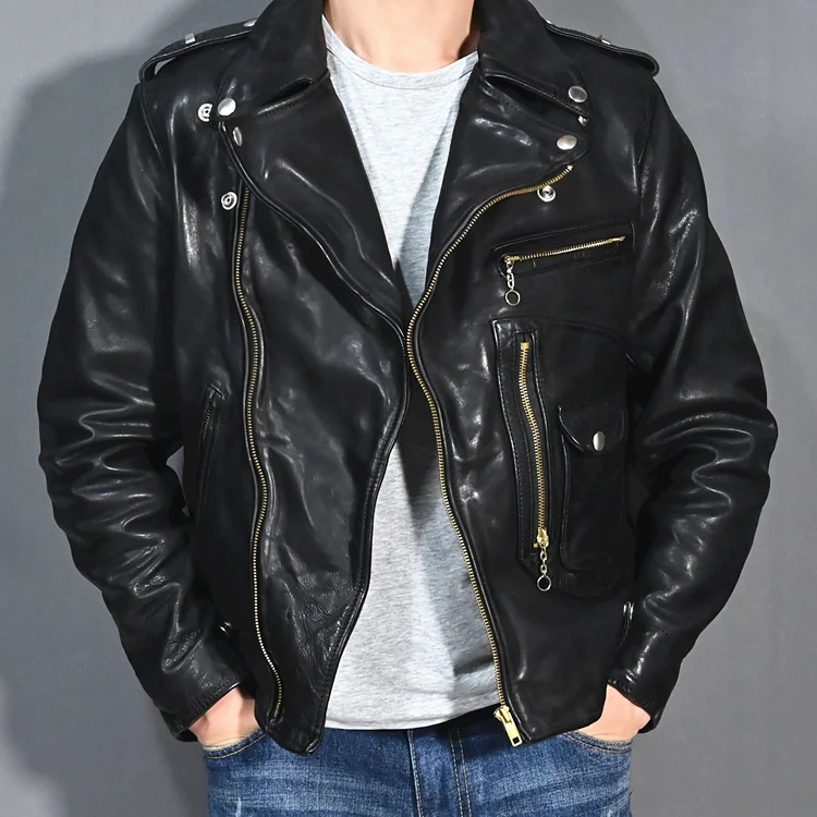 

YR!Free shipping.Super heavy tanned horsehide jacket,men vintage classic biker genuine leather coat,luxury quality leather cloth