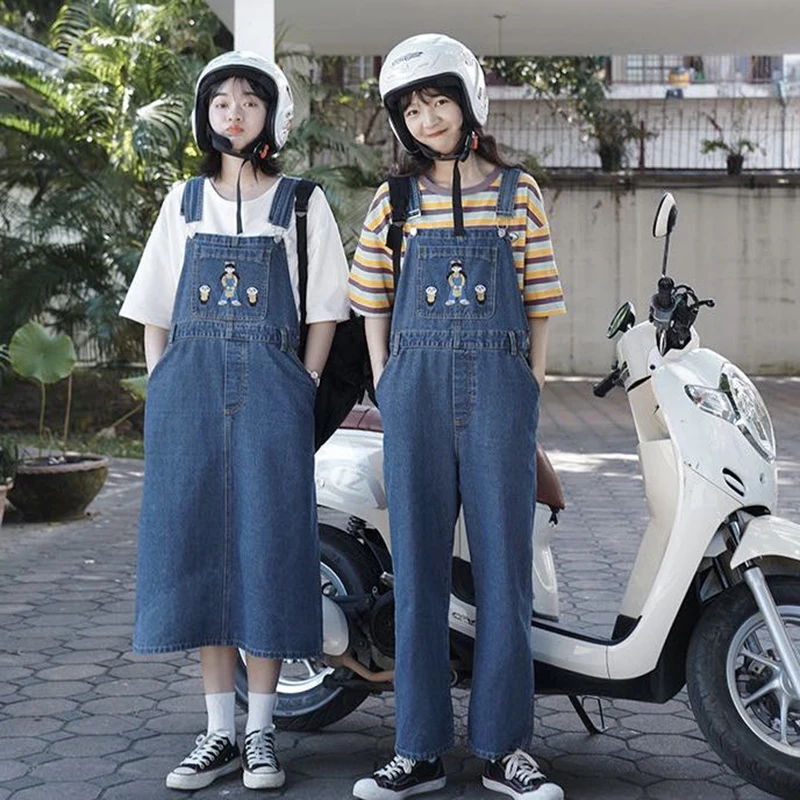

Winter Korean women's denim overalls jumpsuit + denim dress cartoon print versatile college style fashion ins casual boudoir