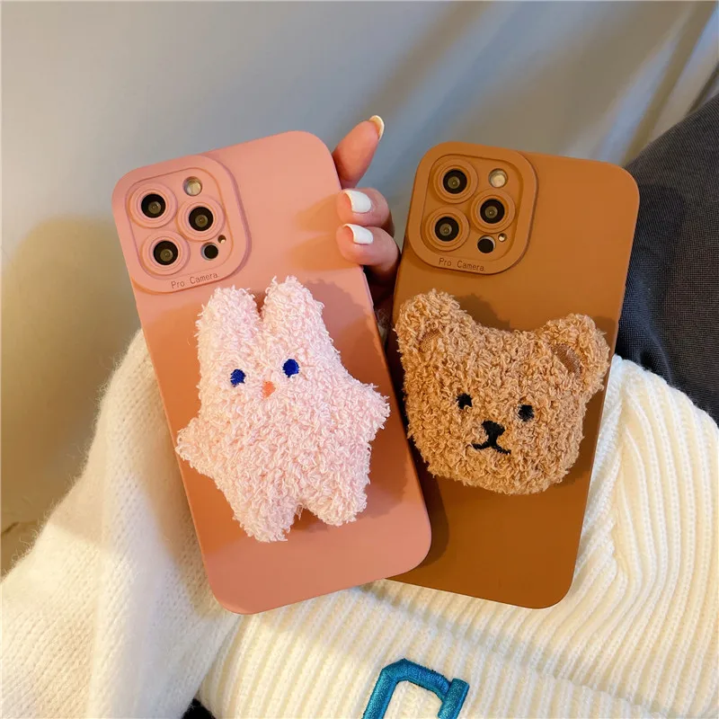 

Cartoon 3d plush bear rabbit wrist strap phone Case For iphone 13 12Pro Max 11 11Pro X XR Xs max XR 7 8Plus silicon phone cover