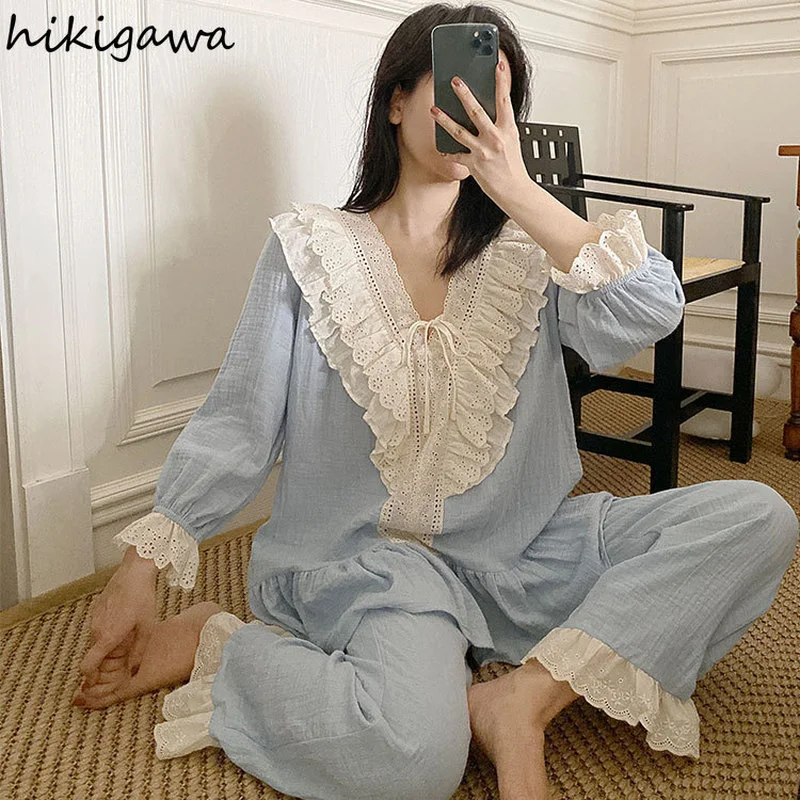

Hikigawa Корейская Милая стильная свободная Пижама Женская весенне-осенняя Стильная Милая пижама в стиле принцессы для дома с длинным рукавом