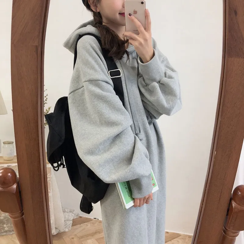 

2019 ladies hooded long-sleeved hoodie long section split women's autumn four-button craft coat solid color casual coat