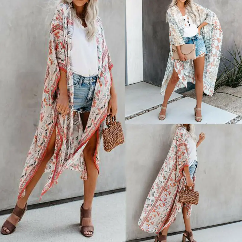 Женский длинный кардиган с цветочным принтом в стиле бохо свободная шаль кимоно