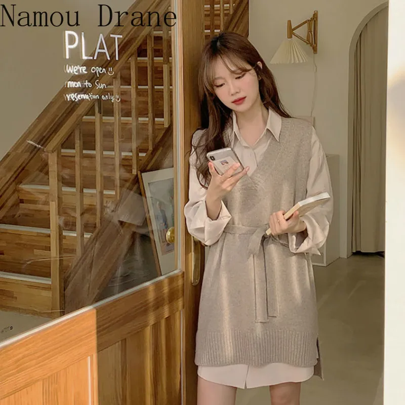 Платье-рубашка в Корейском стиле + жилет с V-образным вырезом кружевной Женский