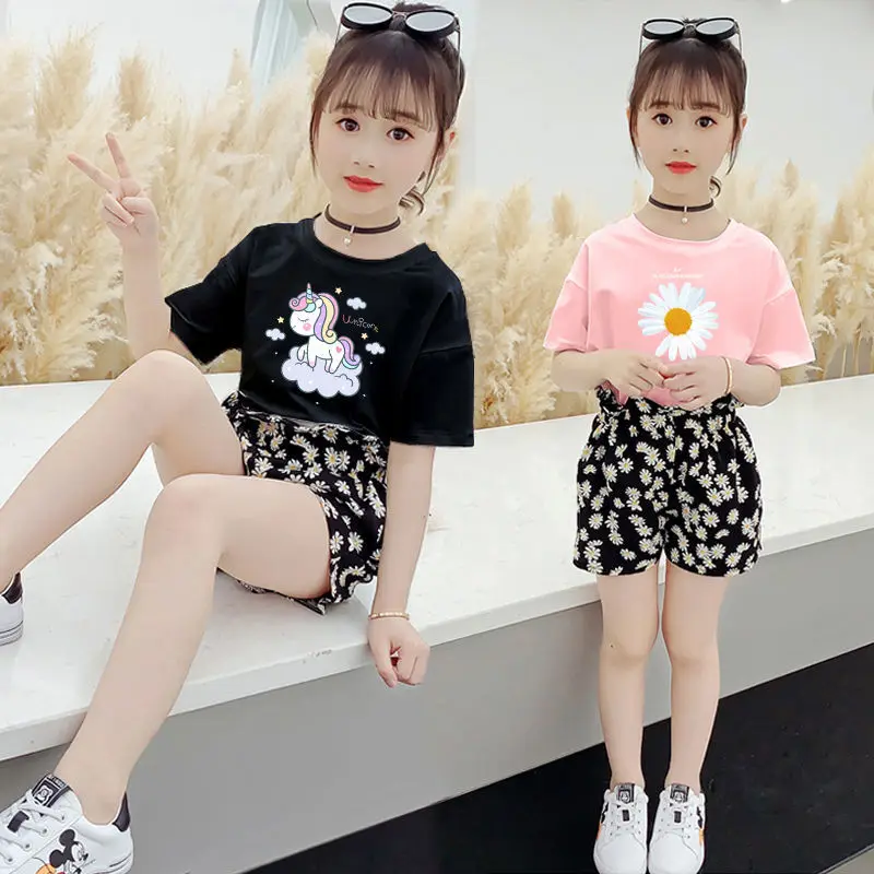 

2021 Summer Girls Suit Clothing Sets Children's Clothing Girl Short Sleeve T-shirt+pant 2pcs Lace Flower Clothes Suits 3-7 Years